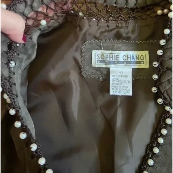 100% SUEDE SOPHIE CHANG Faux Pearl embellished lightweight jacket darkOlive Med - Picture 9 of 15